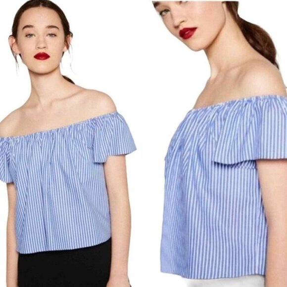 Zara Basic Light Blue/White Pinstripe Off Shoulder Crop Top Size Med - Picture 1 of 4